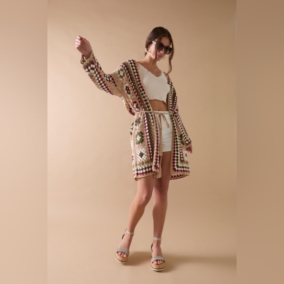 Audrey Parks Sweaters - Audrey Parks X Francesca's Tabby Granny Square Boho Crochet Cardigan, Size S/M